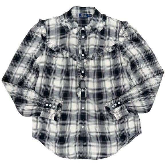 EUC Women's RALPH LAUREN Ruffle-Trimmed Plaid Shirt | Size M - Picture 6 of 11